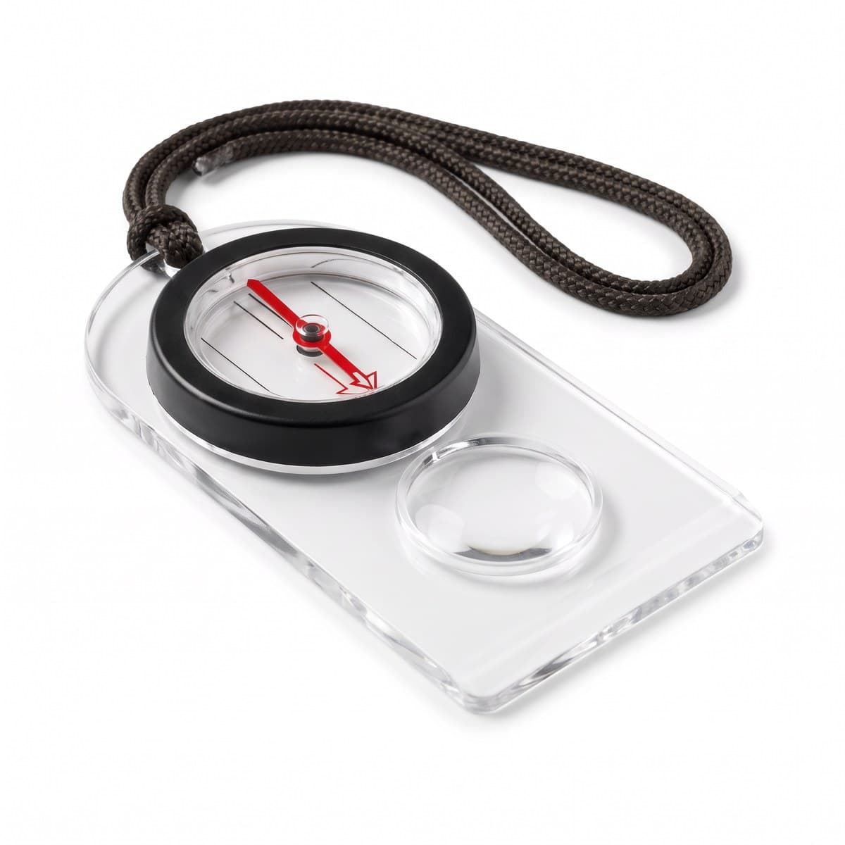 A clear baseplate compass with a black bezel, a red north arrow, a set-in magnifier and a cord lanyard