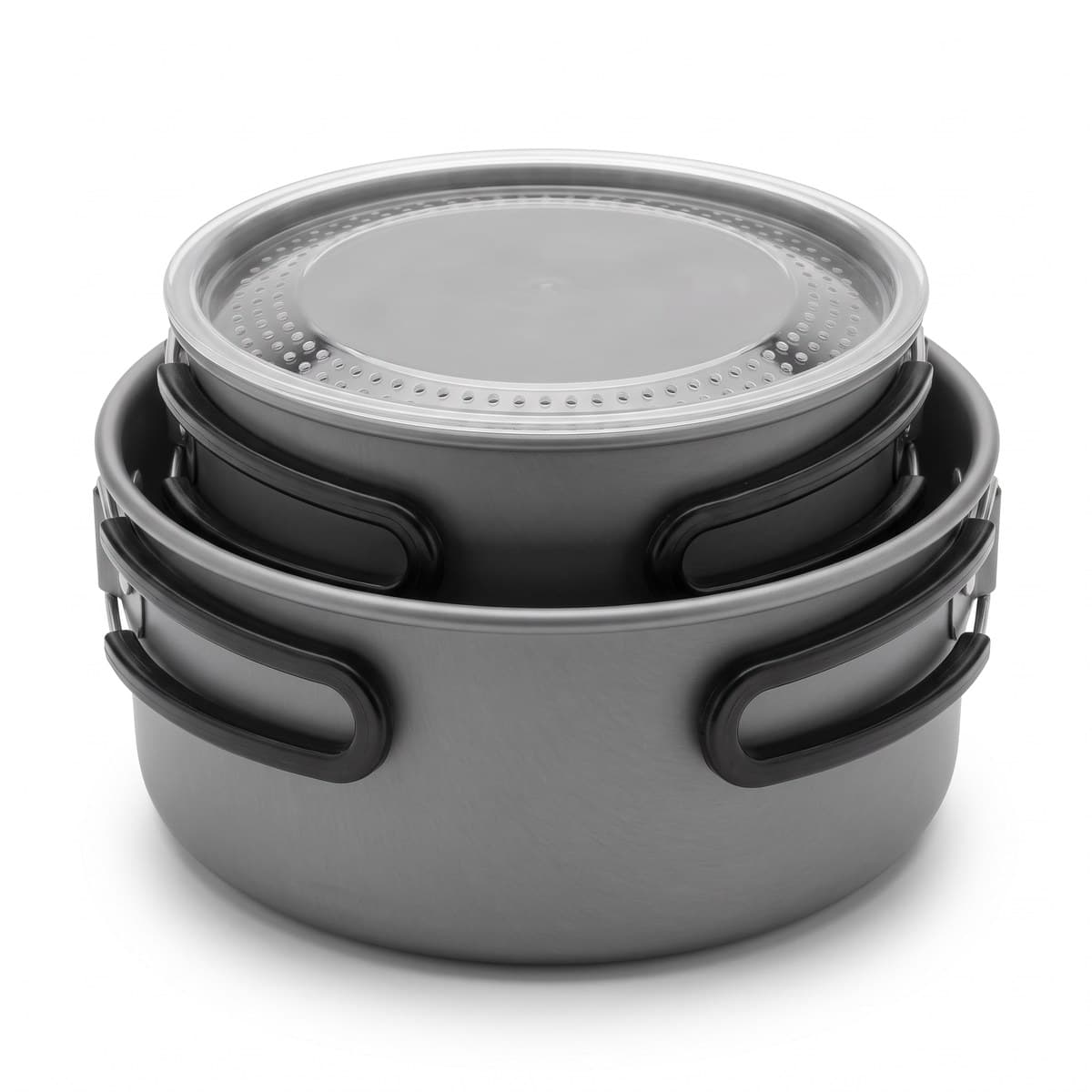 Two grey anodized aluminium pots with folding black handles and clear strainer lids, the smaller nested in the larger