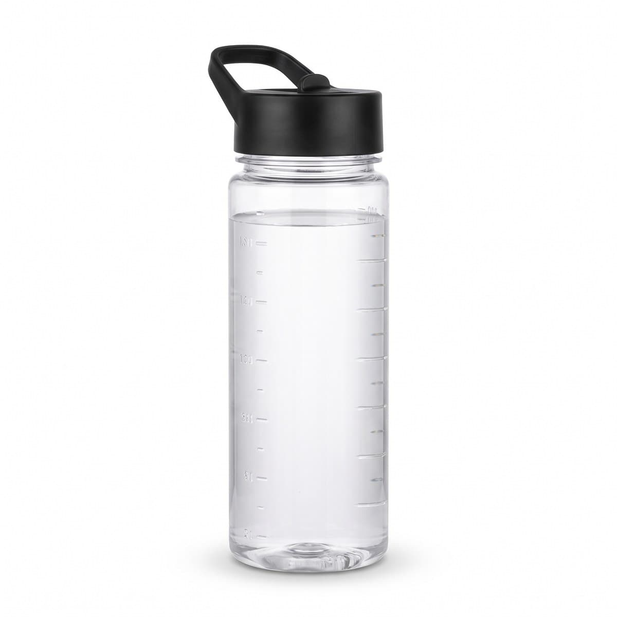 A clear copolyester water bottle with moulded side marks and a black screw lid with a folding loop