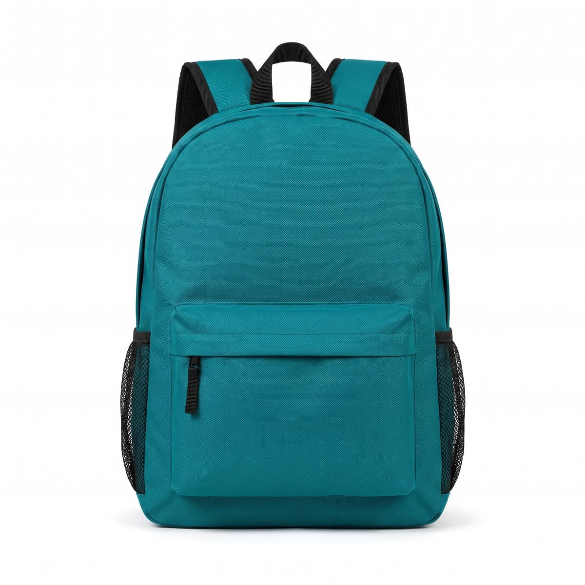 A teal daypack with black straps, a front zip pocket and two mesh side pockets, seen from the front