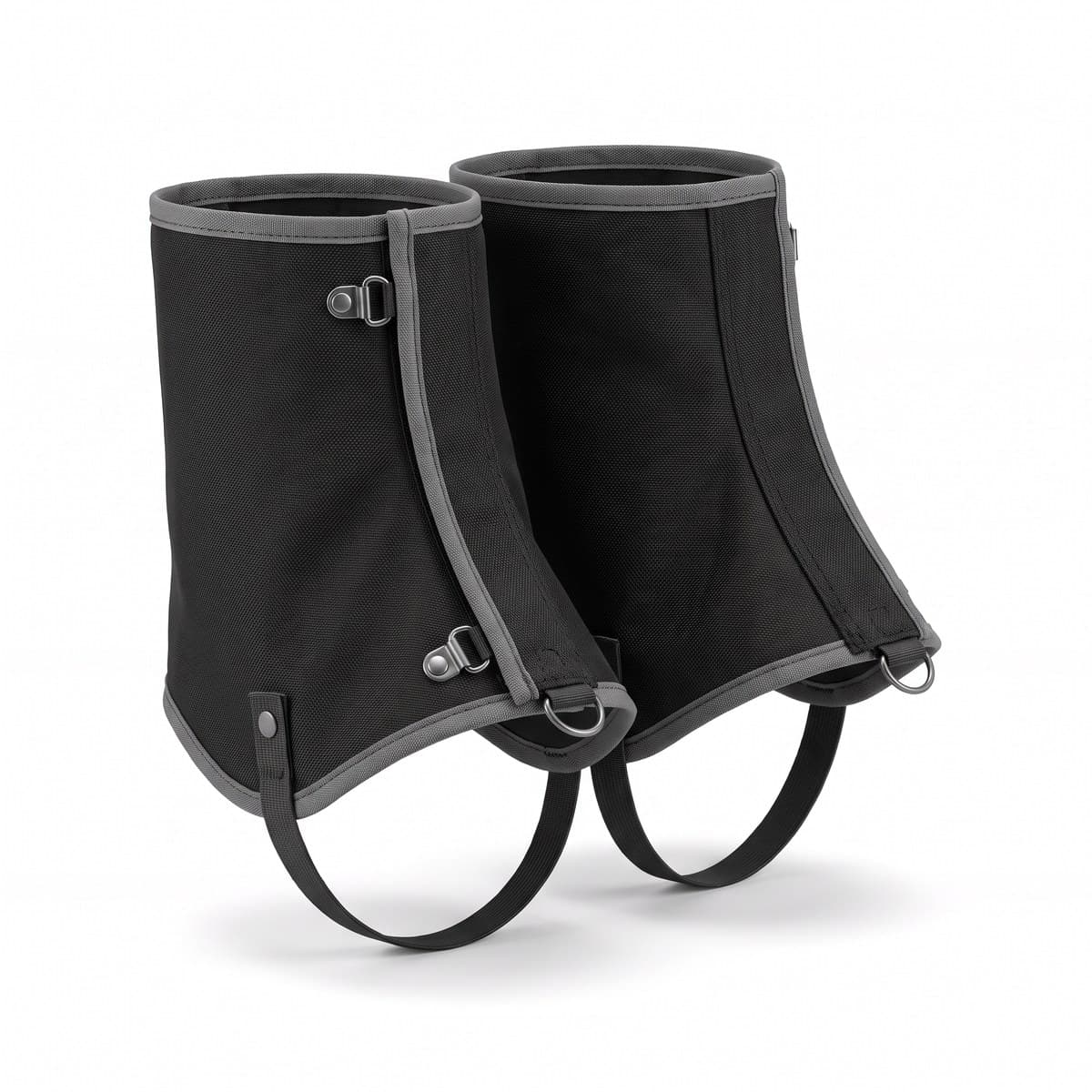 A pair of black low trail gaiters with grey trim, a front lace hook and an under-foot cord