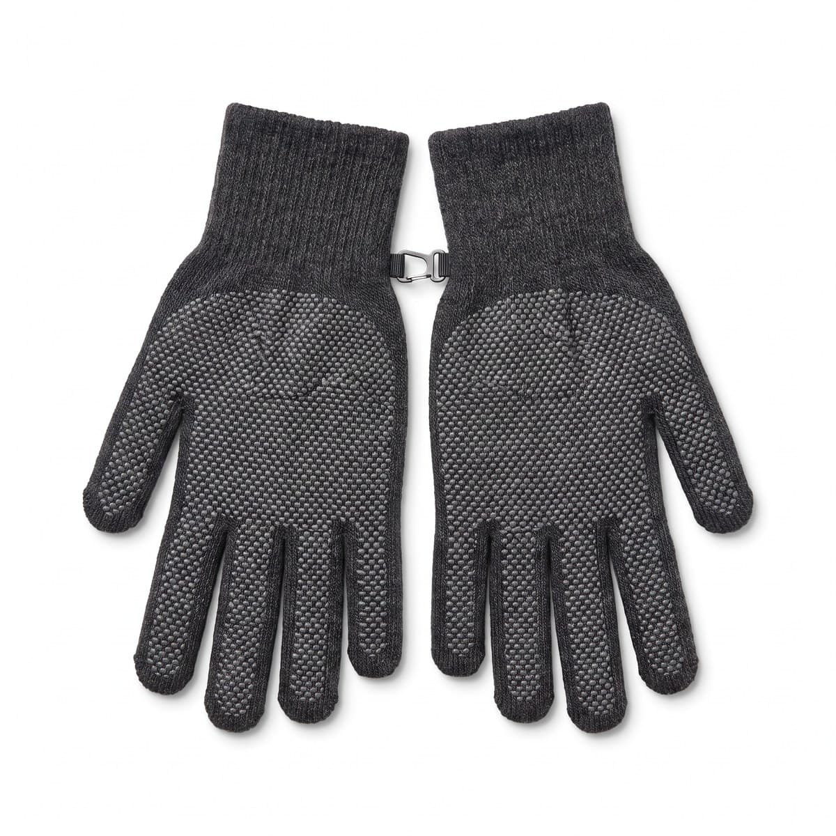 A pair of charcoal knit trail gloves with grey grip palms, clipped together