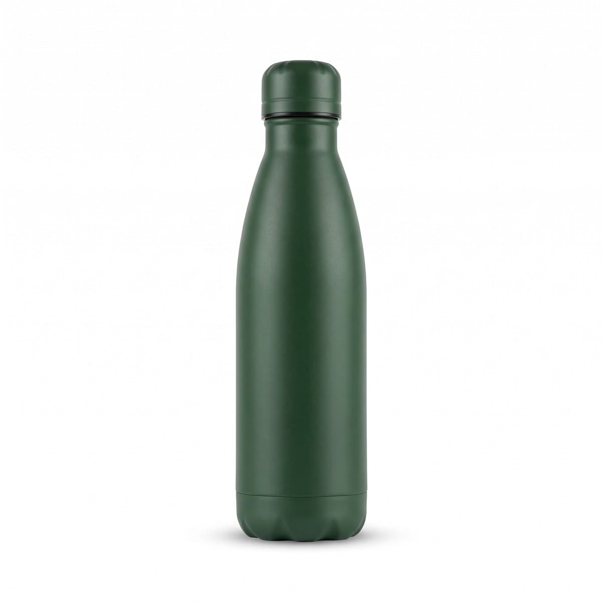 A forest green double-wall stainless bottle with a matte finish and a screw lid