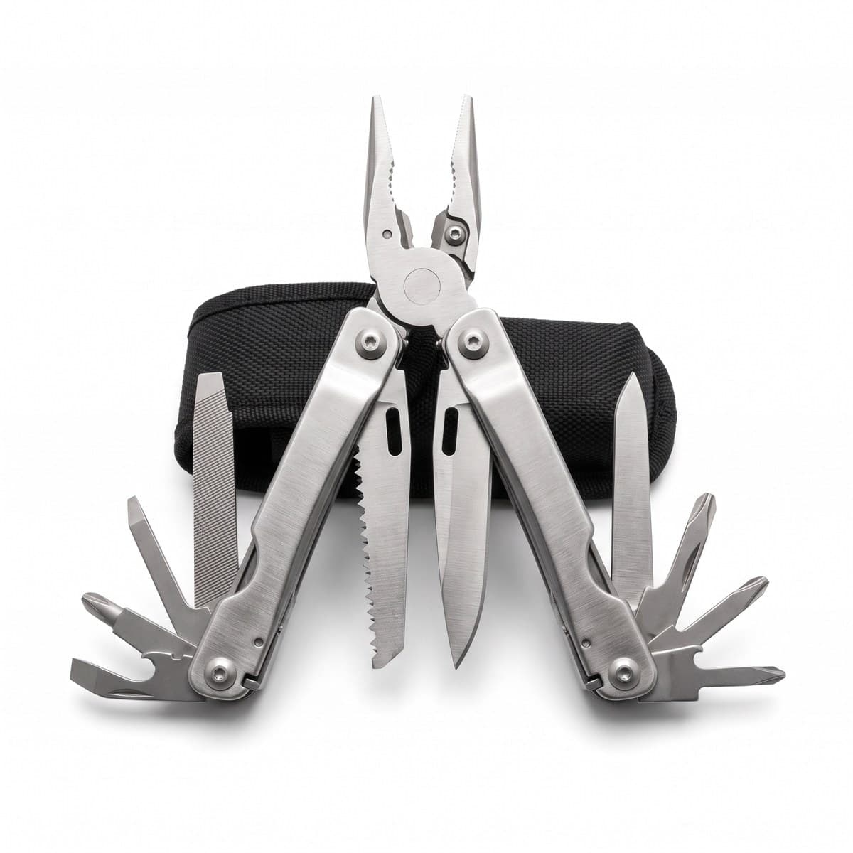 A brushed stainless folding multi-tool opened to show the needle-nose pliers, with a black nylon sheath behind it