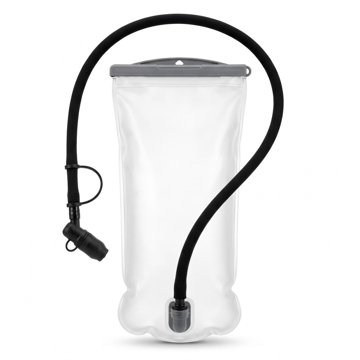 A clear two-litre hydration reservoir with a grey slide-seal top, a black drink hose and a bite valve
