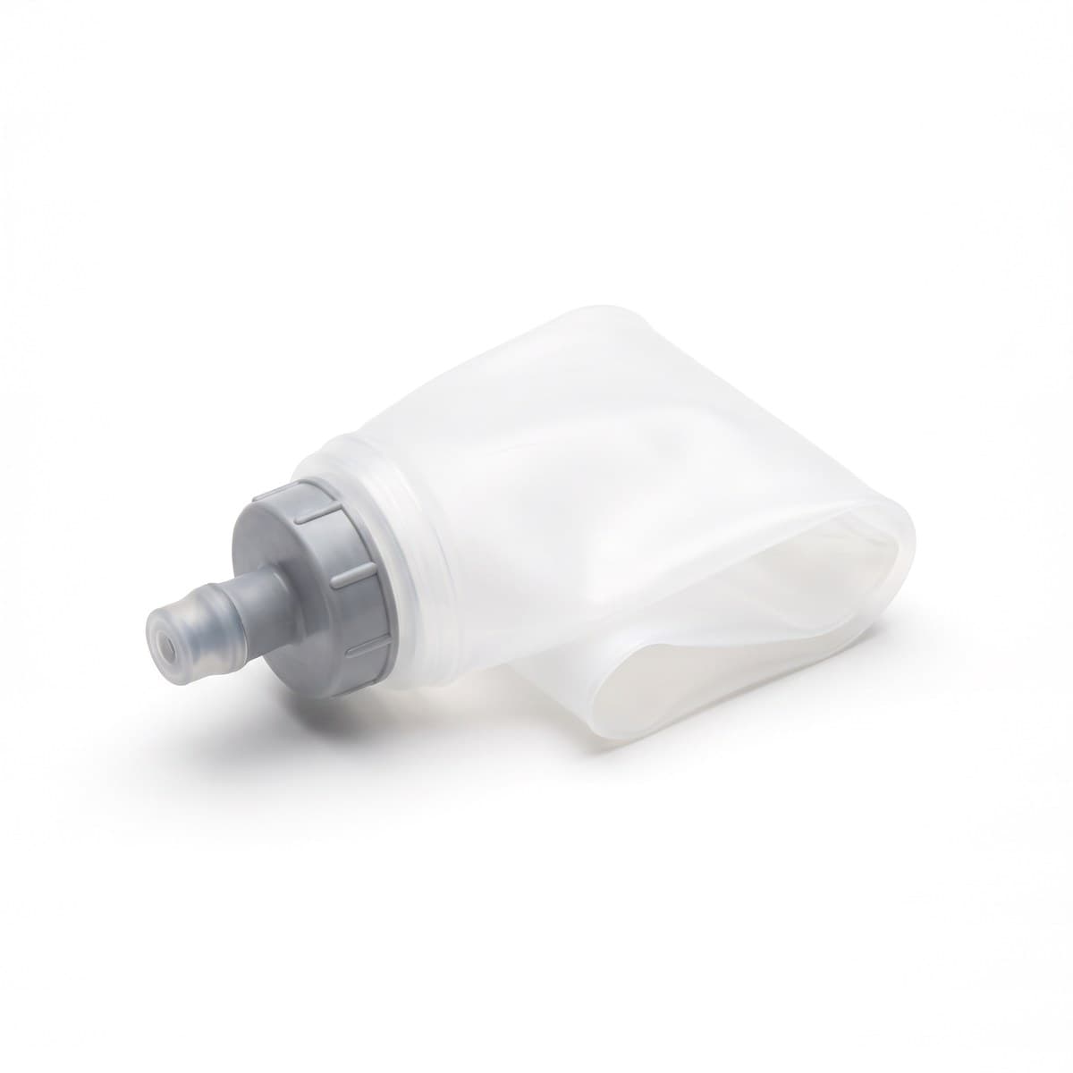 A translucent 500-millilitre soft flask with a grey screw cap and a bite valve, half rolled