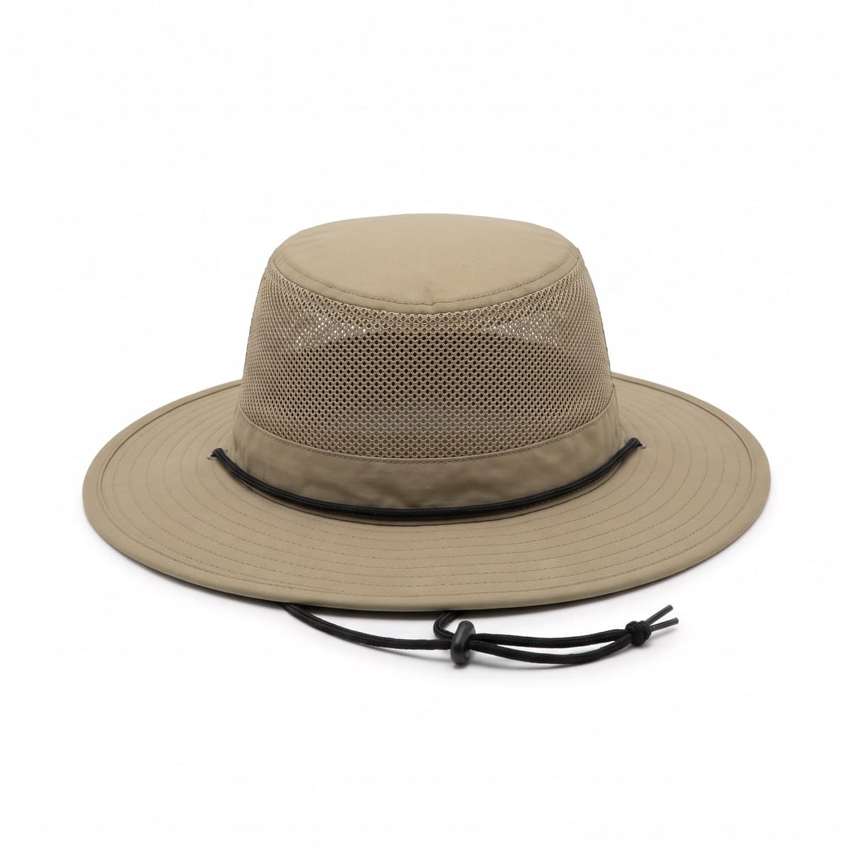 A khaki wide-brim trail hat with a mesh crown band and a black chin cord
