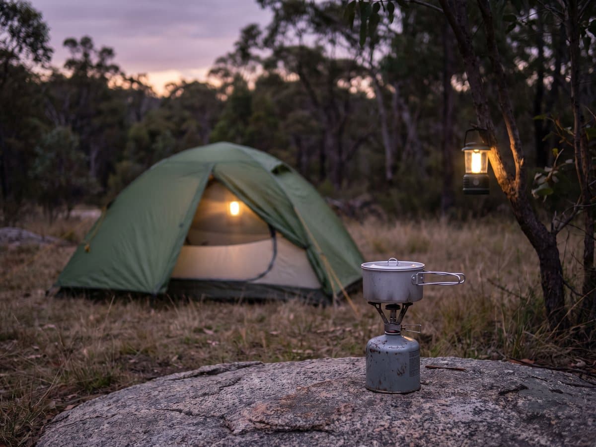 A two-person tent pitched in a clearing at dusk with a lantern glowing inside, a small canister stove and cookset on a flat rock in front
