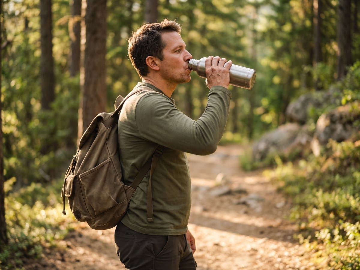 A hiker pausing on a sunlit trail to drink from a stainless steel water bottle, a daypack on one shoulder