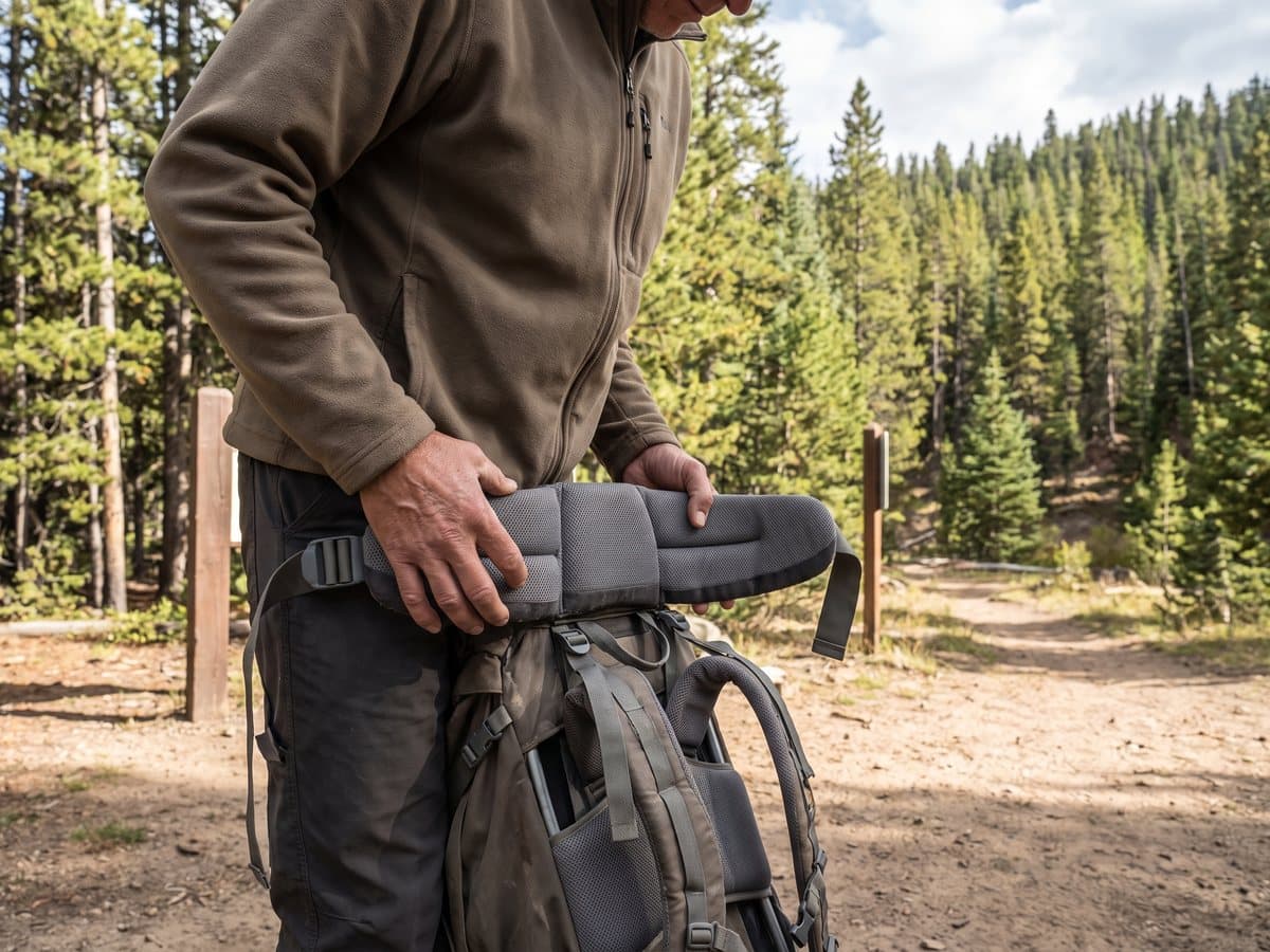 A hiker shouldering a grey internal-frame backpacking pack at a trailhead, adjusting the hip belt, a pine forest behind