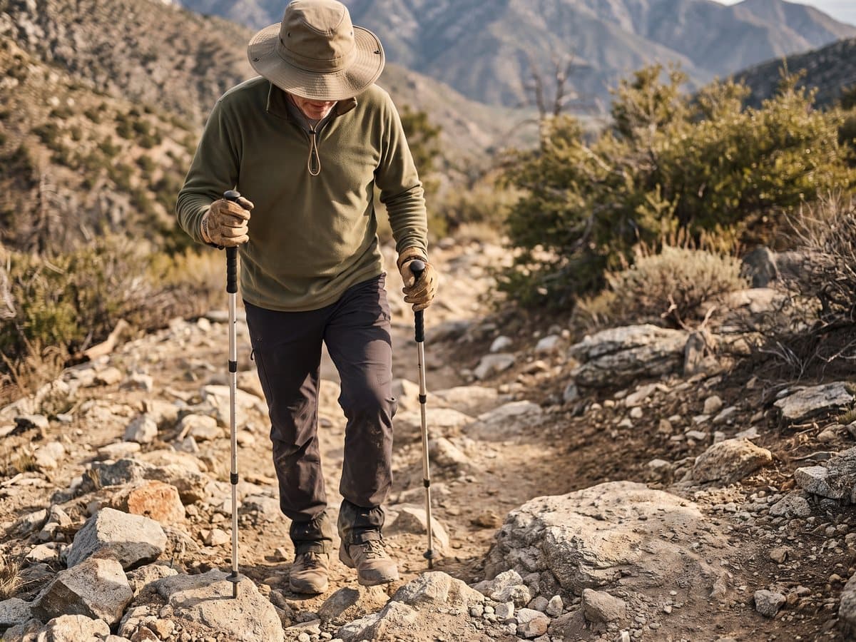 A hiker in a brimmed hat and gloves using a pair of trekking poles on a rocky switchback, low gaiters over trail shoes
